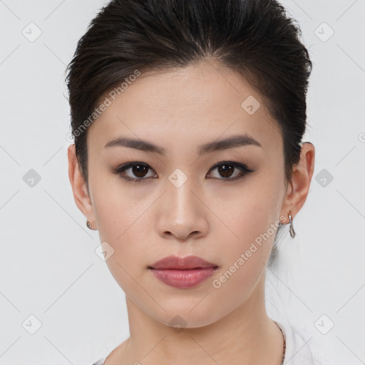 Neutral white young-adult female with short  brown hair and brown eyes