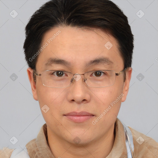 Neutral asian adult male with short  brown hair and brown eyes