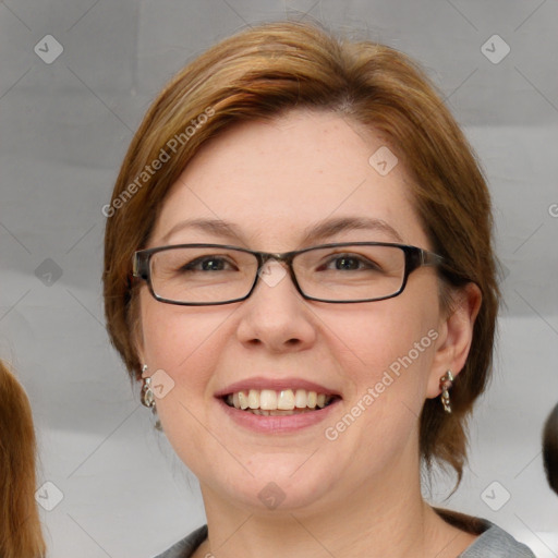 Joyful white young-adult female with medium  brown hair and blue eyes