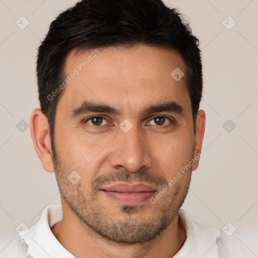 Joyful white young-adult male with short  brown hair and brown eyes