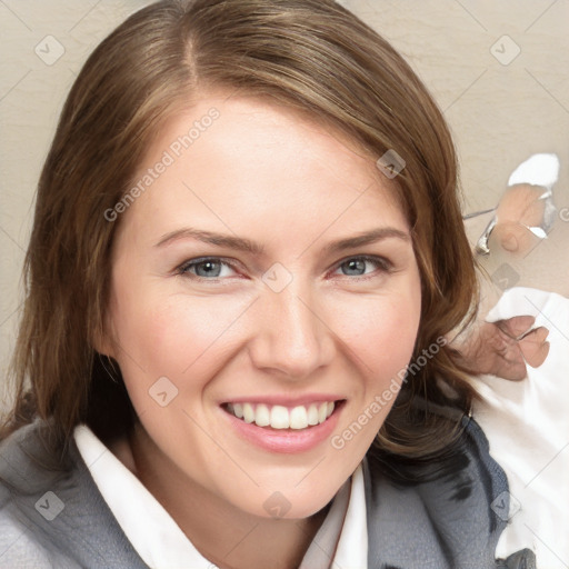 Joyful white young-adult female with medium  brown hair and blue eyes