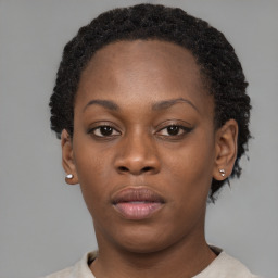 Neutral black young-adult female with short  black hair and brown eyes