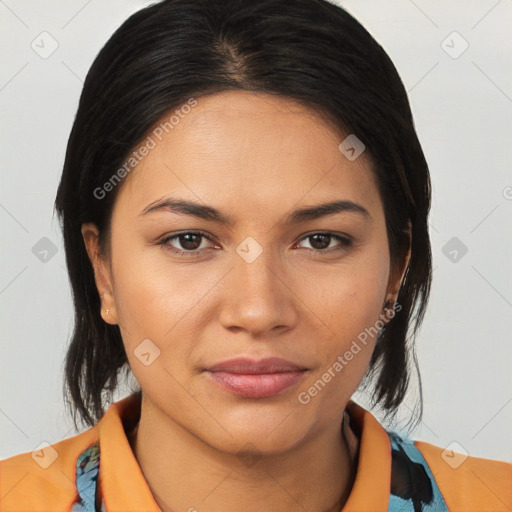 Joyful white young-adult female with medium  brown hair and brown eyes