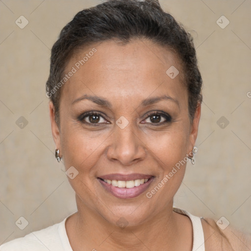 Joyful white adult female with short  brown hair and brown eyes