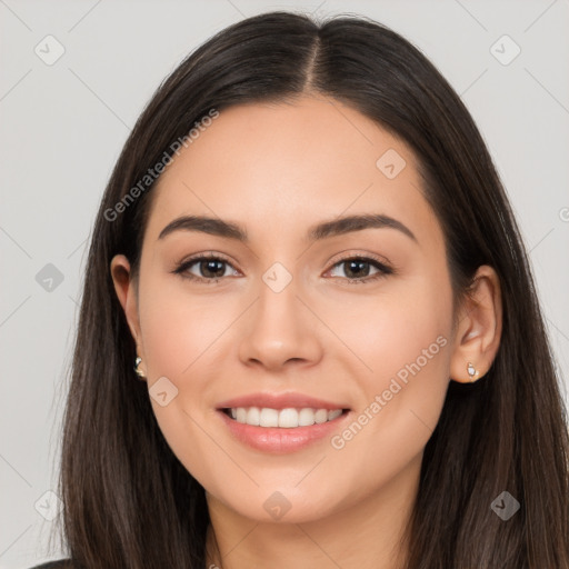 Joyful white young-adult female with long  brown hair and brown eyes