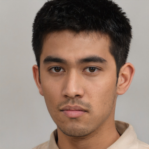 Neutral asian young-adult male with short  black hair and brown eyes