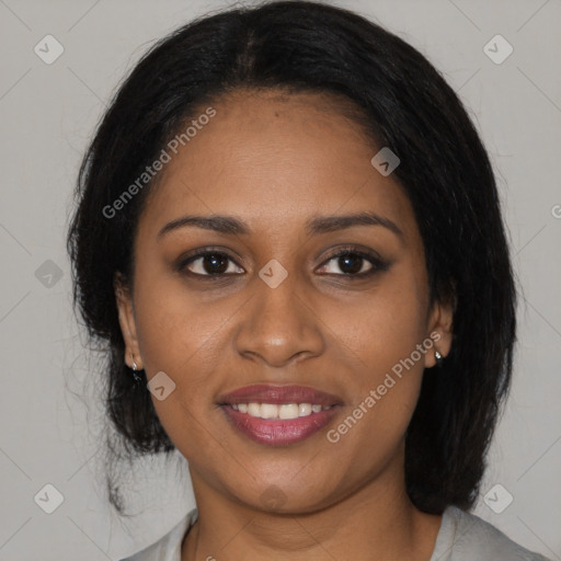 Joyful black young-adult female with medium  black hair and brown eyes