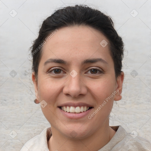 Joyful white young-adult female with short  brown hair and brown eyes