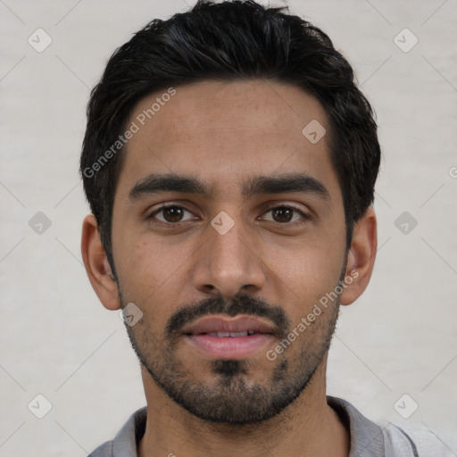 Neutral white young-adult male with short  black hair and brown eyes