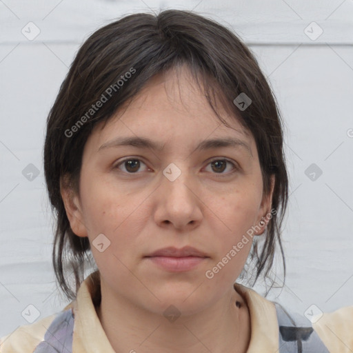 Neutral white young-adult female with medium  brown hair and brown eyes