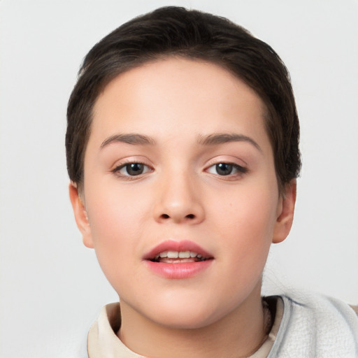 Neutral white young-adult female with short  brown hair and brown eyes