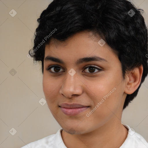 Joyful latino young-adult female with short  brown hair and brown eyes
