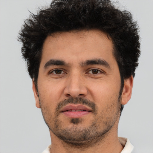 Neutral white young-adult male with short  black hair and brown eyes