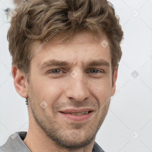 Joyful white adult male with short  brown hair and grey eyes