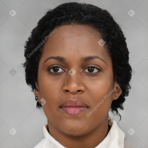 Neutral black young-adult female with short  brown hair and brown eyes