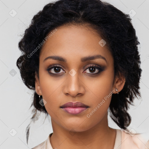 Neutral latino young-adult female with medium  black hair and brown eyes