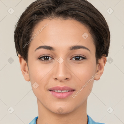 Joyful white young-adult female with short  brown hair and brown eyes