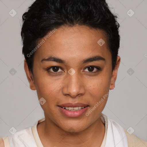 Joyful white young-adult female with short  brown hair and brown eyes