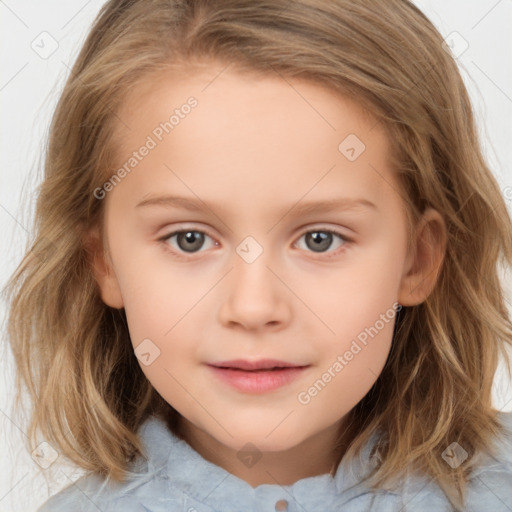 Joyful white child female with medium  brown hair and brown eyes