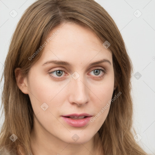 Neutral white young-adult female with long  brown hair and brown eyes