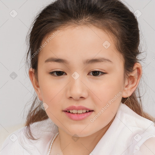 Joyful white child female with medium  brown hair and brown eyes