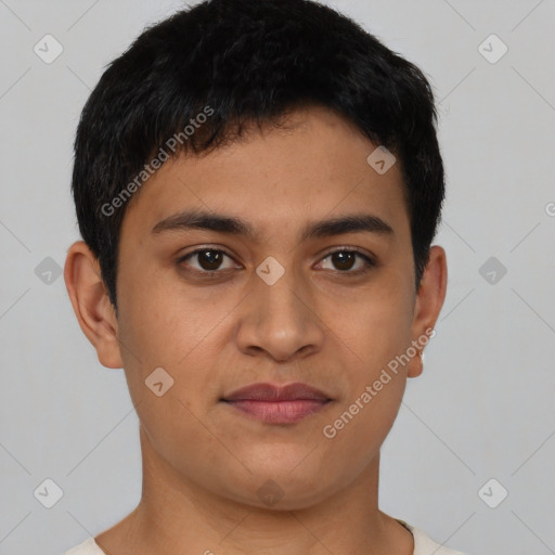 Joyful latino young-adult male with short  black hair and brown eyes