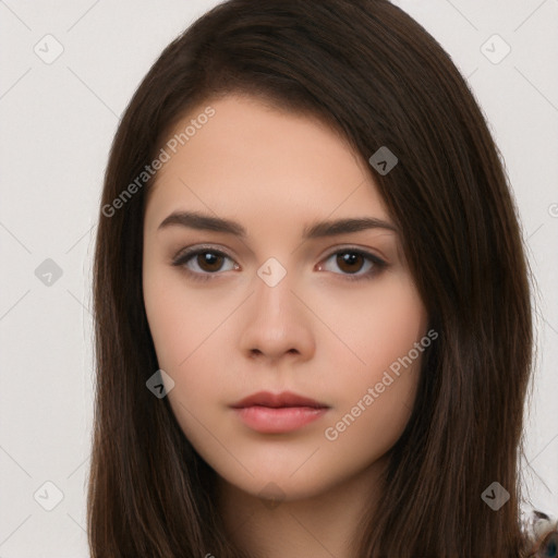 Neutral white young-adult female with long  brown hair and brown eyes