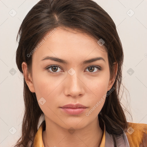 Neutral white young-adult female with medium  brown hair and brown eyes