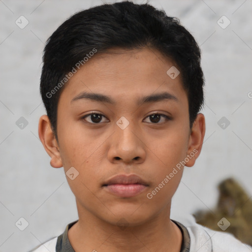 Neutral latino young-adult female with short  black hair and brown eyes