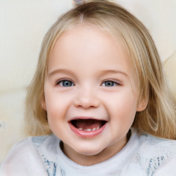 Joyful white child female with medium  brown hair and blue eyes