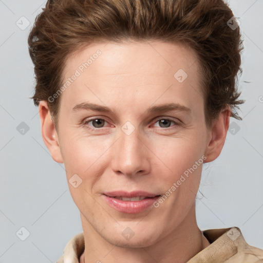 Joyful white young-adult female with short  brown hair and grey eyes