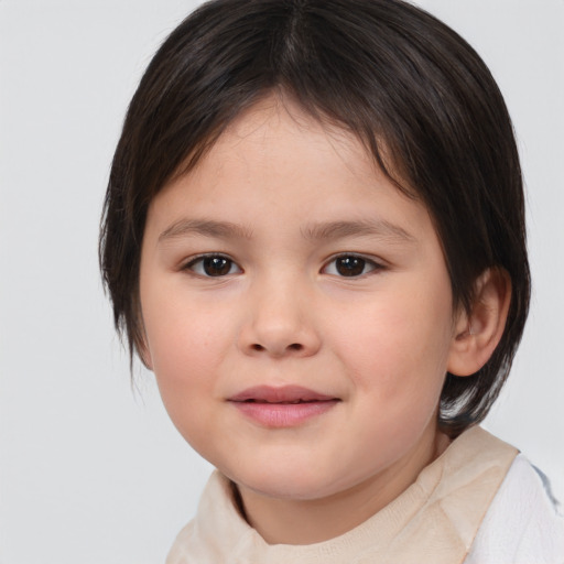 Joyful white child female with medium  brown hair and brown eyes