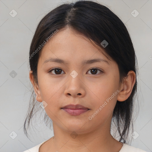 Neutral asian young-adult female with medium  brown hair and brown eyes