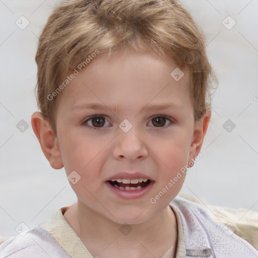 Joyful white child male with short  brown hair and brown eyes