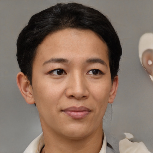 Joyful asian young-adult female with short  brown hair and brown eyes