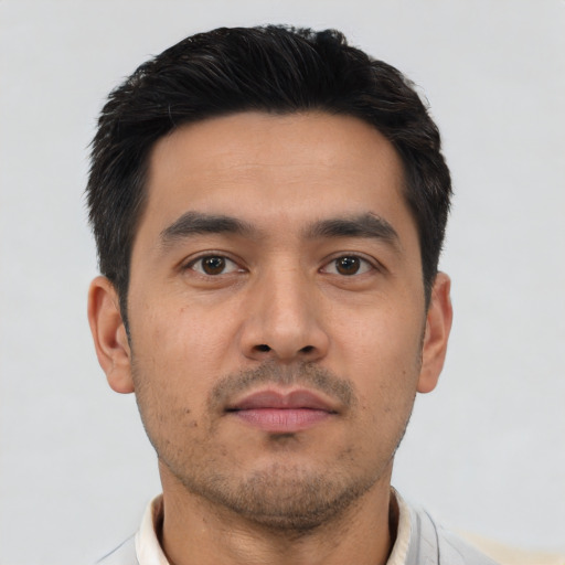 Neutral asian young-adult male with short  black hair and brown eyes