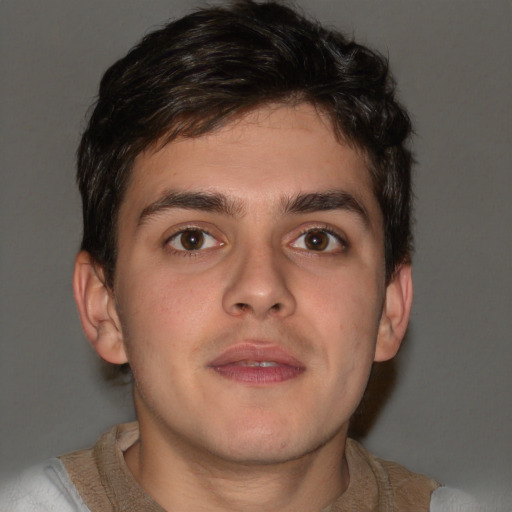 Neutral white young-adult male with short  brown hair and grey eyes