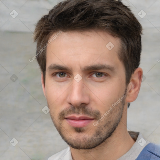 Neutral white young-adult male with short  brown hair and brown eyes