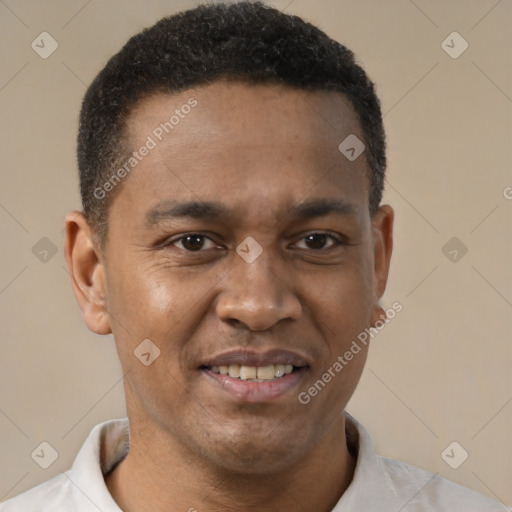 Joyful latino young-adult male with short  brown hair and brown eyes