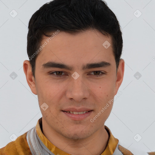 Joyful white young-adult male with short  brown hair and brown eyes