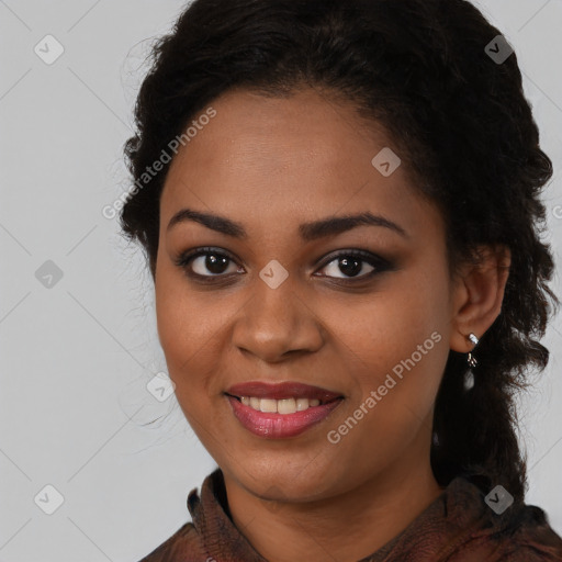 Joyful latino young-adult female with long  brown hair and brown eyes