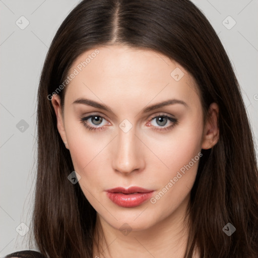 Neutral white young-adult female with long  brown hair and brown eyes