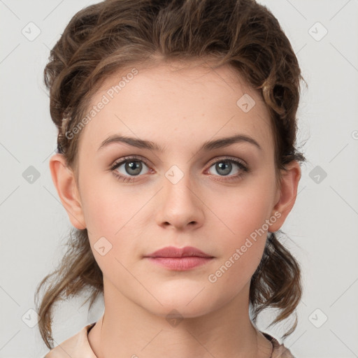 Neutral white young-adult female with medium  brown hair and grey eyes