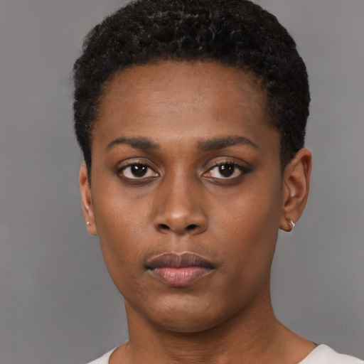 Neutral black young-adult male with short  black hair and brown eyes