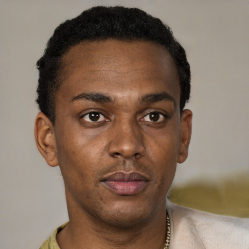 Neutral black young-adult male with short  brown hair and brown eyes