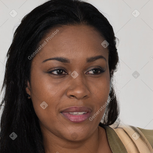 Joyful black young-adult female with long  black hair and brown eyes