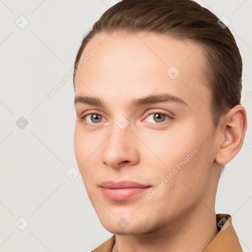 Neutral white young-adult male with short  brown hair and brown eyes