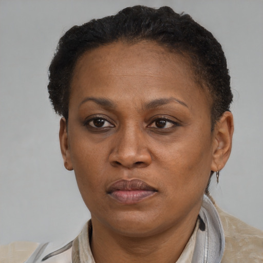 Neutral black adult female with short  brown hair and brown eyes