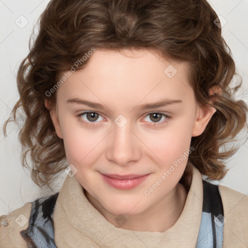 Joyful white child female with medium  brown hair and brown eyes