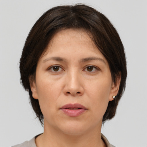 Neutral white adult female with medium  brown hair and brown eyes
